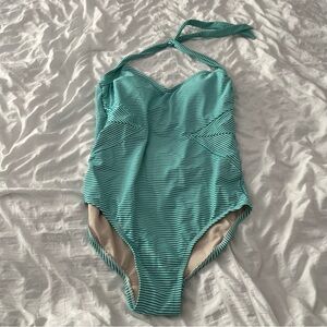 Merona Teal & White Striped One Piece Swimsuit